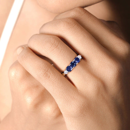 0.90 Ct Round Blue Sapphire & Lab Diamond Prong Silver Five Stone Ring