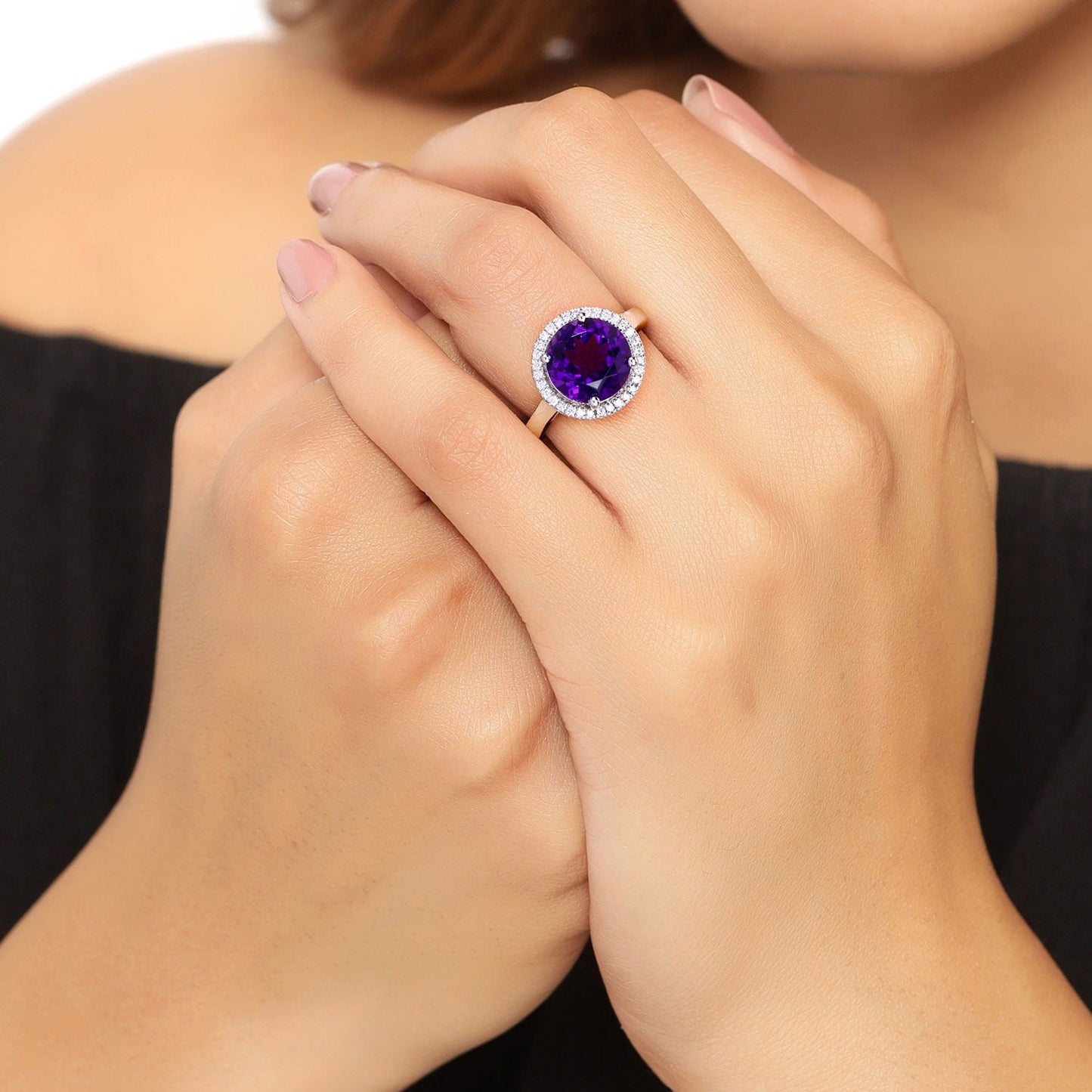 3.30 Ct Round Purple Amethyst Lab Diamond Prong Silver Halo Ring