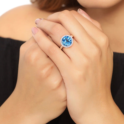 4 Ct Round Swiss Blue Topaz Lab Diamond Prong Silver Halo Ring