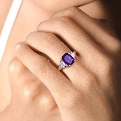 1.45 Ct Cushion Purple Amethyst Lab Diamond Prong Silver Bridge Ring