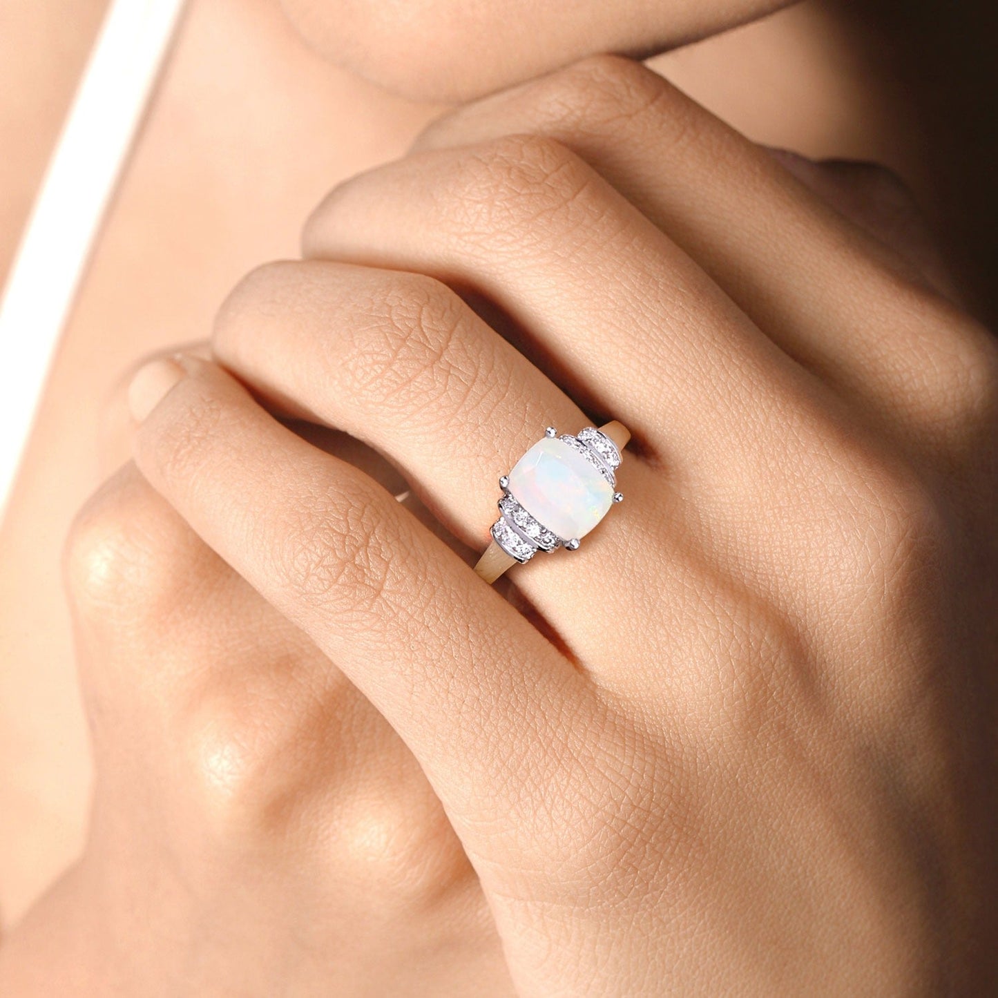 1 Ct Cushion White Ethiopian Opal Lab Diamond Prong Silver Bridge Ring