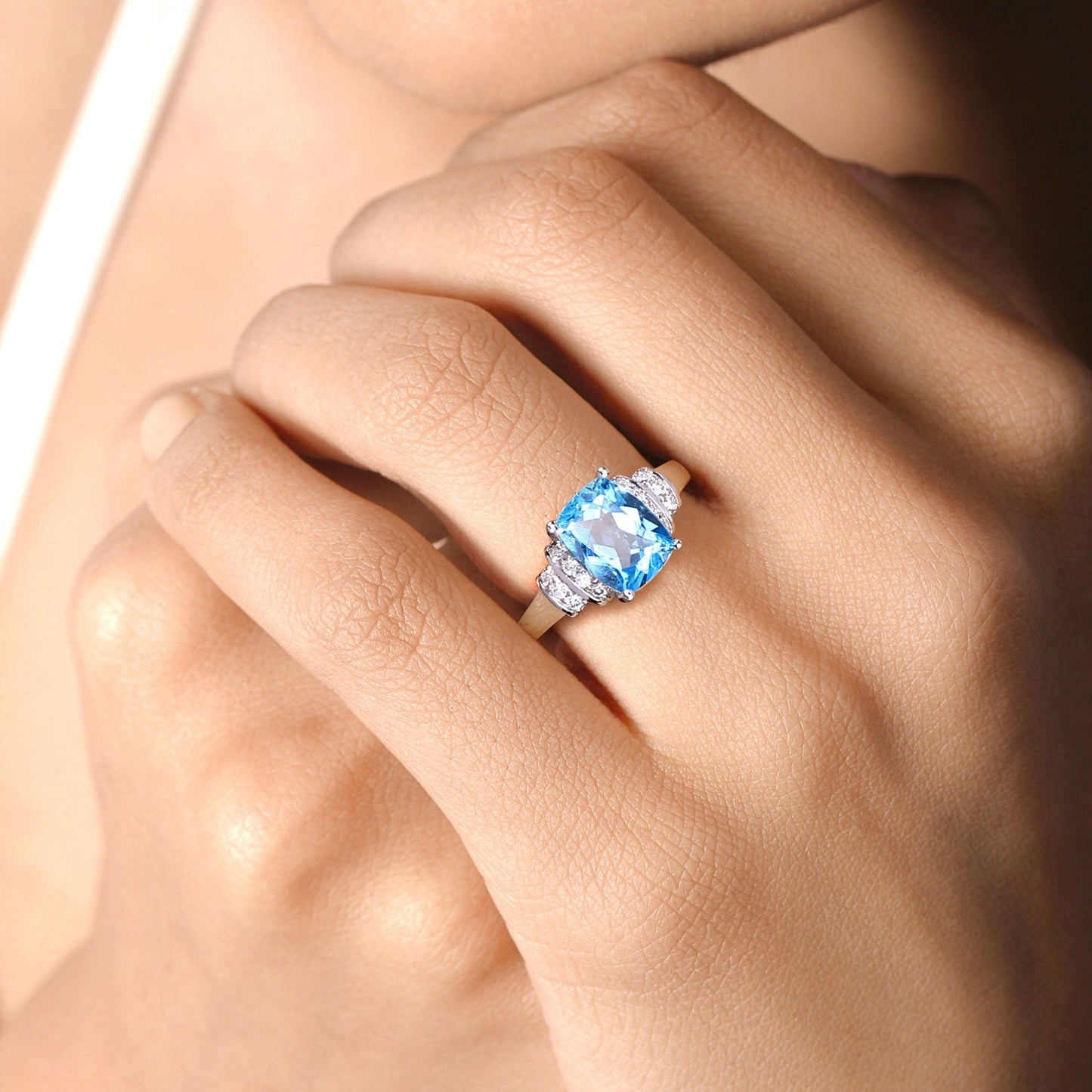 2.65 Ct Cushion Swiss Blue Topaz and Lab Diamond Prong Silver Bridge Ring