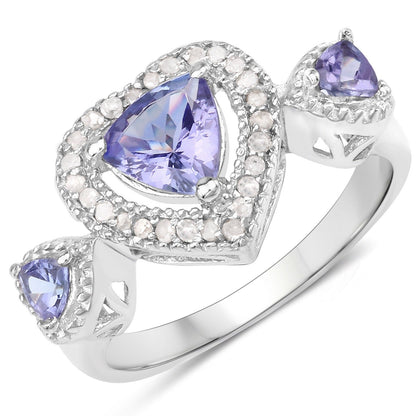 0.95 Ct Heart Violet Tanzanite & Diamond Prong Silver Halo Three Stone Ring