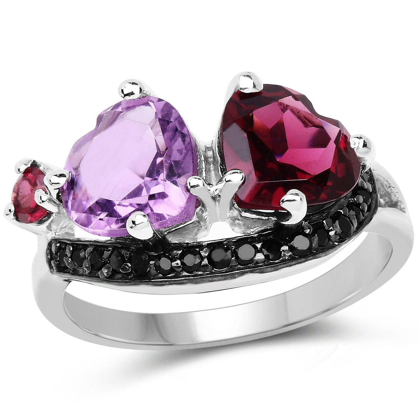 4.07 Ct Heart Purple Amethyst & Rhodolite Prong Silver Pave Toi et Moi Cocktail Ring