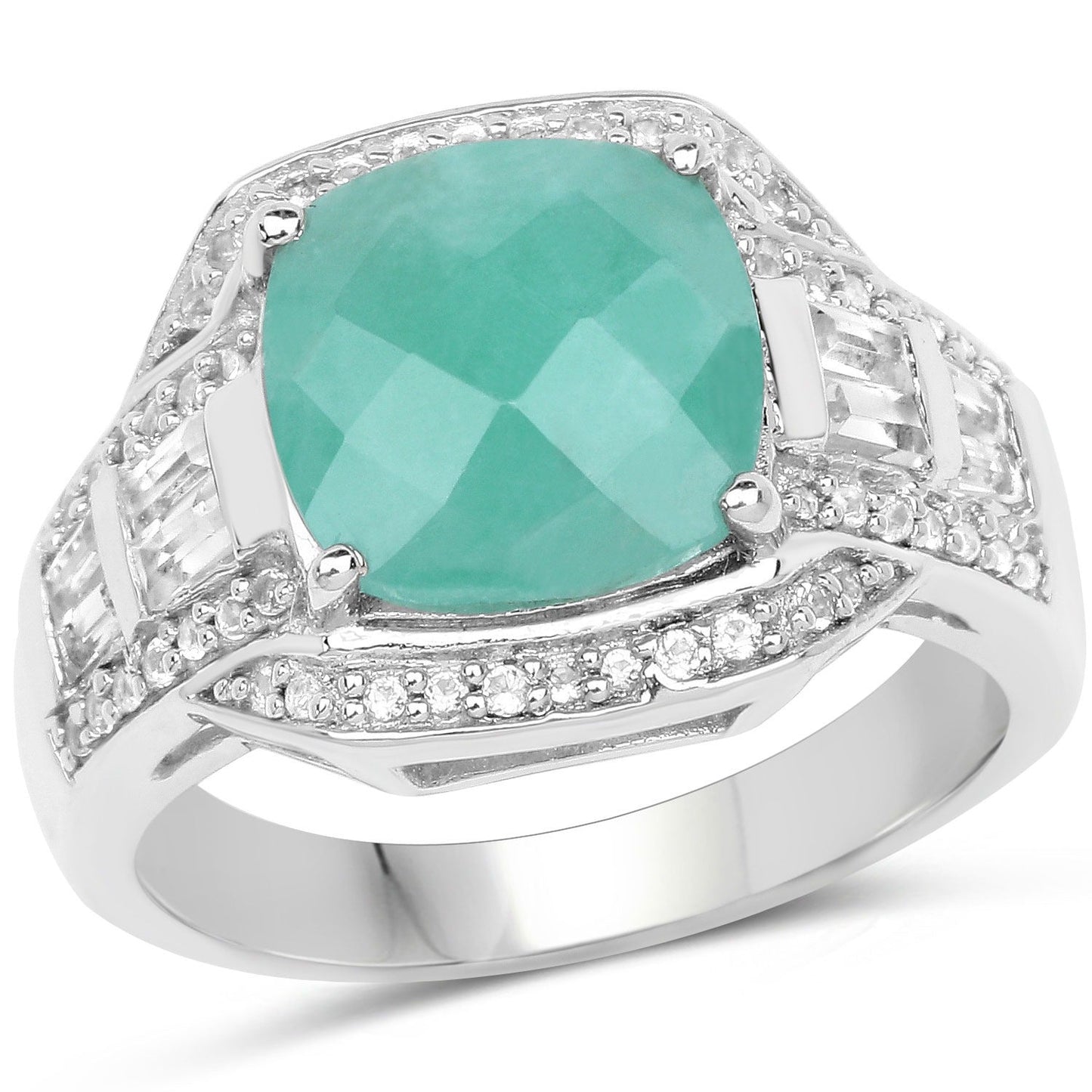 4.09 Ct Cushion Green Emerald Prong Silver Halo Pave Statement Ring