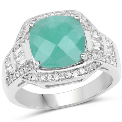 4.09 Ct Cushion Green Emerald Prong Silver Halo Pave Statement Ring