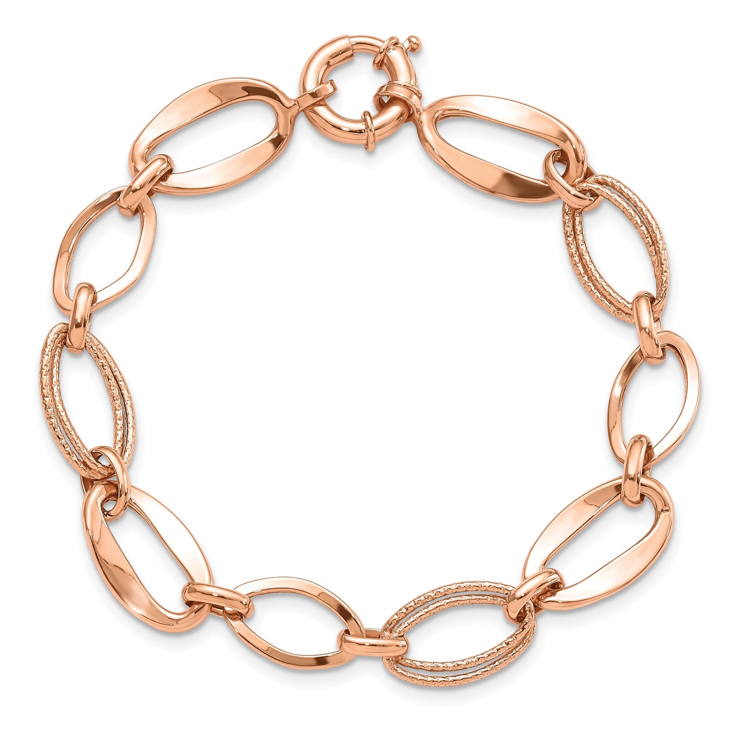 10K Rose Gold Textured & Polished Open Marquise Link Spring Ring Chain Bracelet