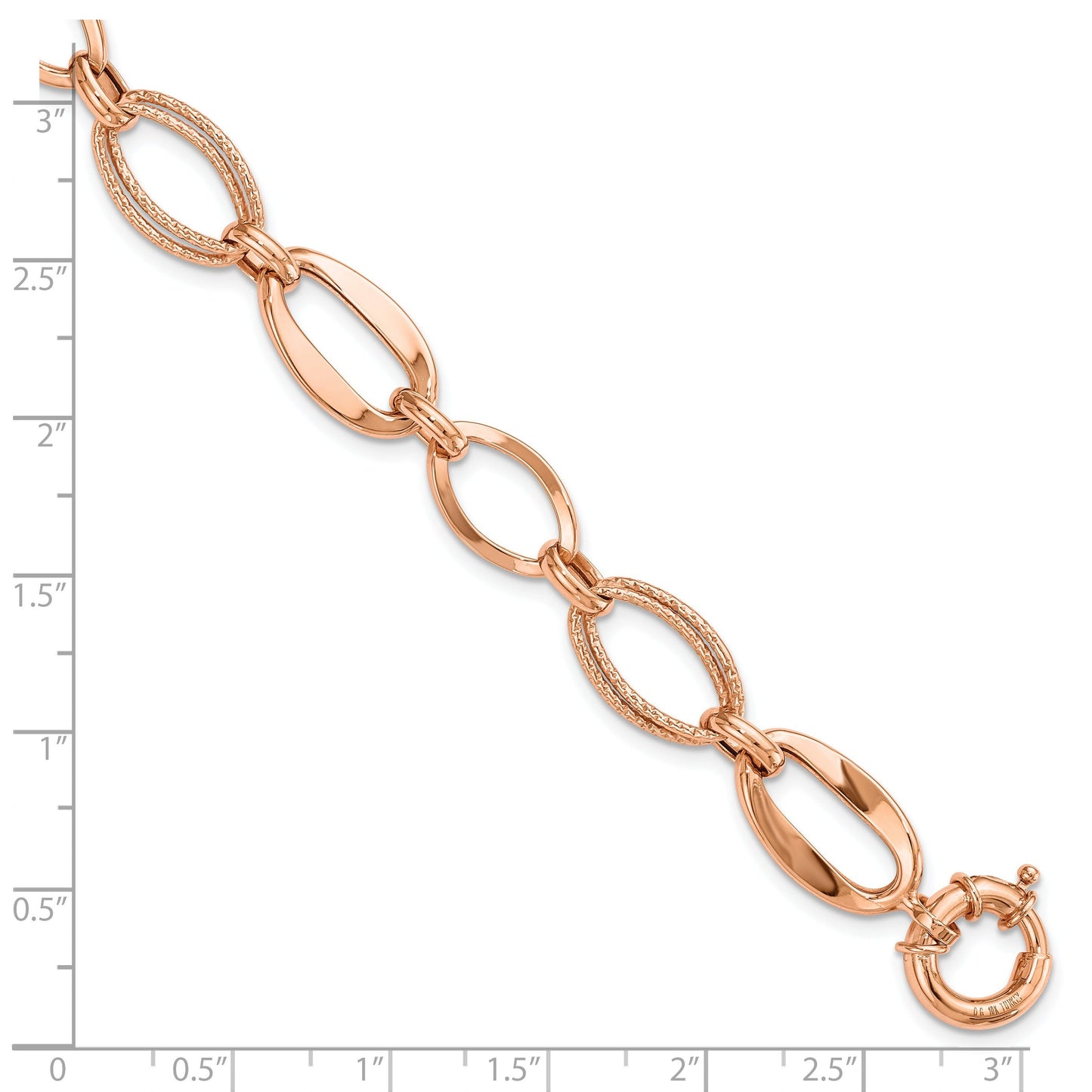 10K Rose Gold Textured & Polished Open Marquise Link Spring Ring Chain Bracelet