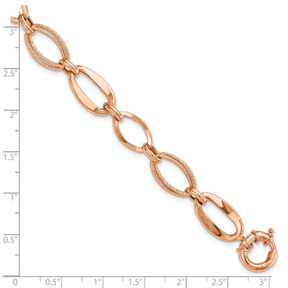 10K Rose Gold Textured & Polished Open Marquise Link Spring Ring Chain Bracelet