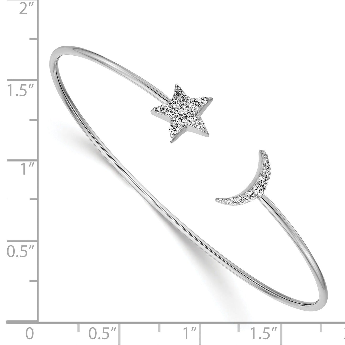 0.25 Ct Round White Diamond Prong 14k White Gold Moon and Star Flexible Open Cuff Bangle Bracelet