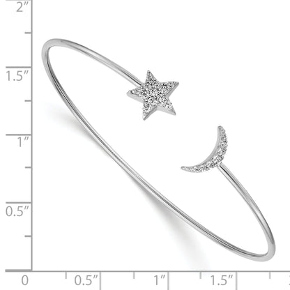 0.25 Ct Round White Diamond Prong 14k White Gold Moon and Star Flexible Open Cuff Bangle Bracelet