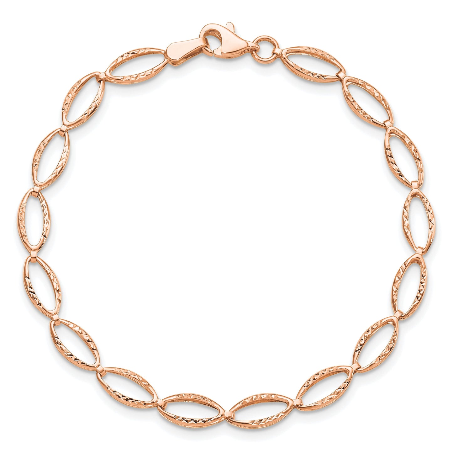14k Rose Gold Diamond-Cut Open Marquise Fancy Link Lobster Clasp Chain Bracelet