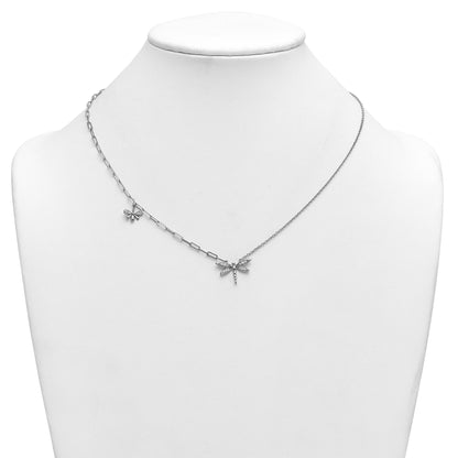 0.22 Ct Round White Lab Grown Diamond Prong 14K White Gold Dragonfly Paperclip Cable Chain Necklace