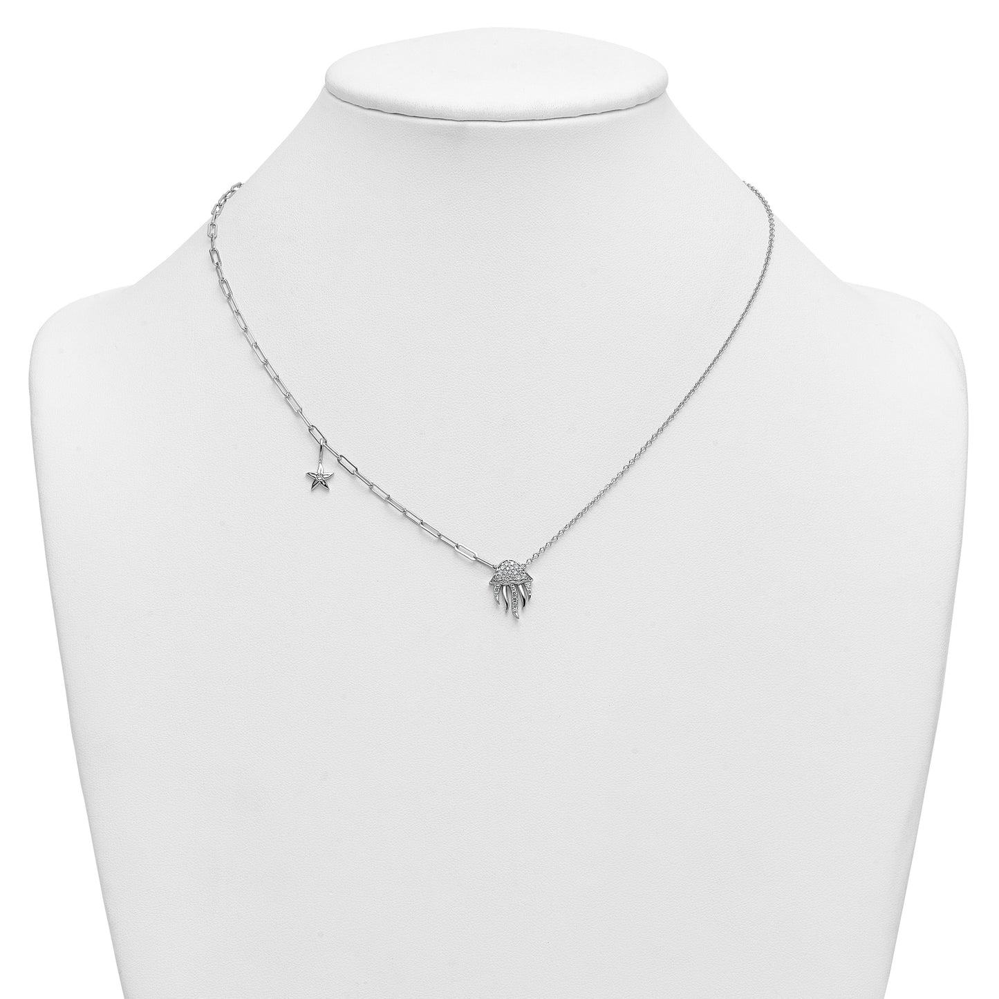 0.23 Ct Round White Lab Diamond Prong 14K White Gold Jellyfish & Starfish Paperclip Cable Chain Necklace