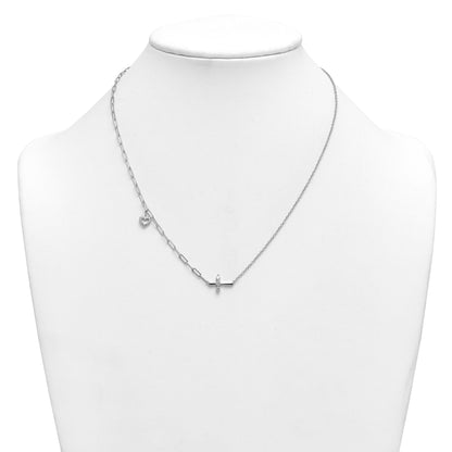 0.26 Ct Round White Lab Grown Diamond Prong 14K White Gold Cross & Heart Paperclip Cable Chain Necklace