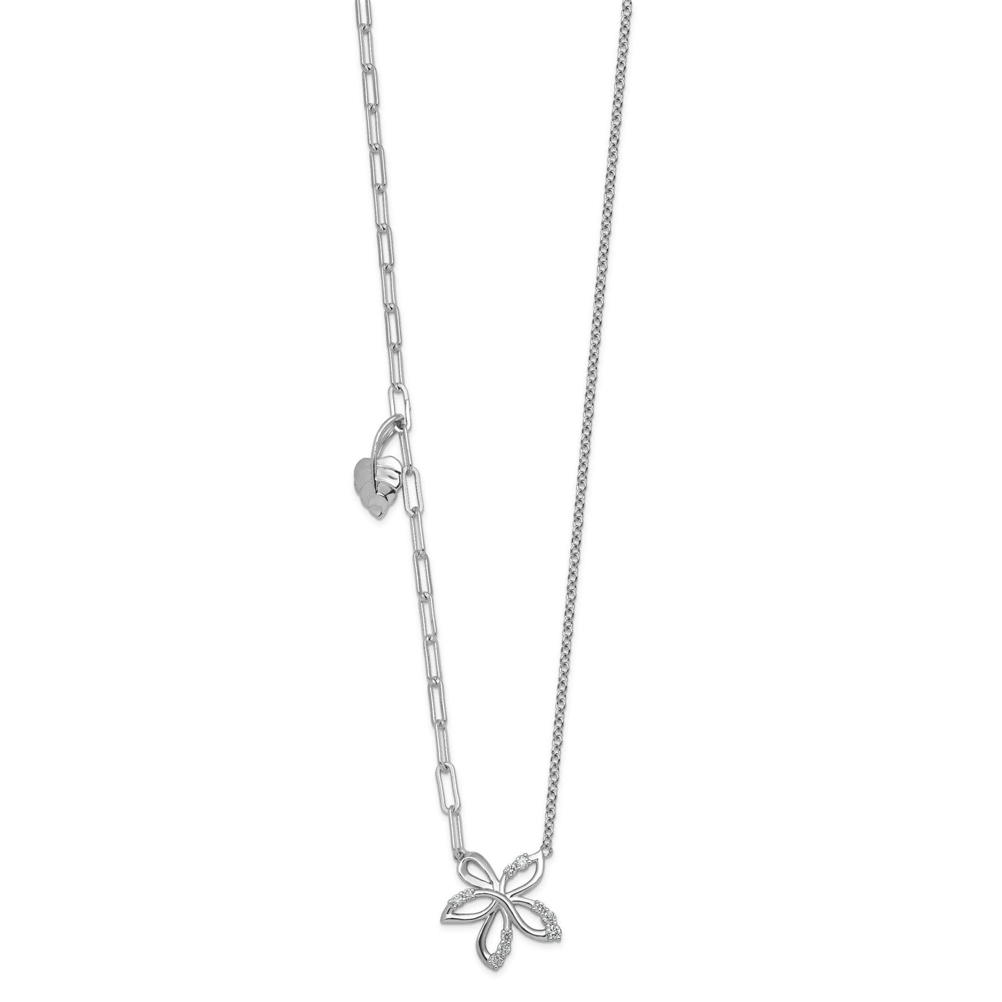 0.12 Ct Round White Lab Grown Diamond Prong 14K White Gold Flower & Heart Paperclip Cable Chain Necklace