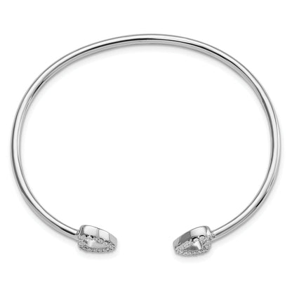 Round White Cubic Zirconia Prong Sterling Silver Two Heart Open Cuff Slip-On Bangle Bracelet