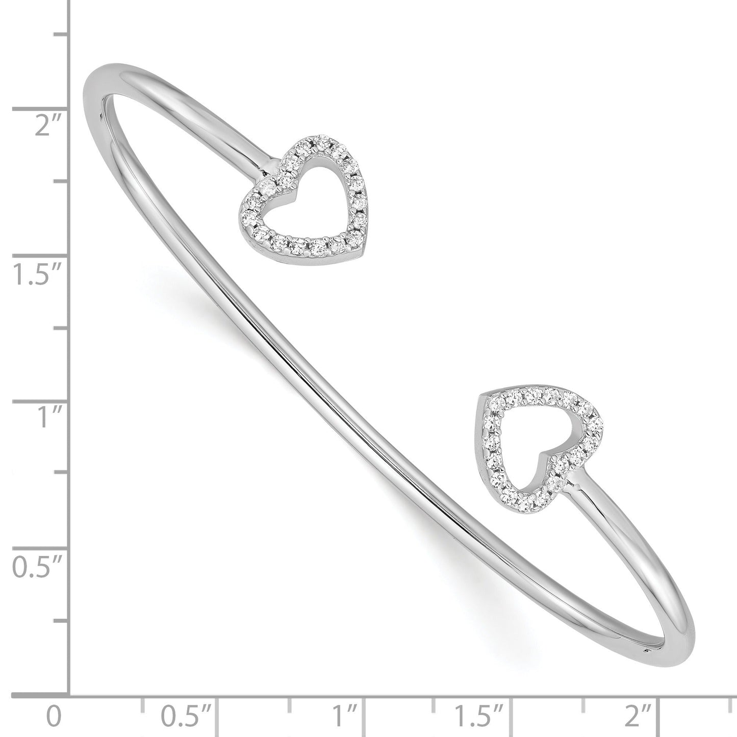 Round White Cubic Zirconia Prong Sterling Silver Two Heart Open Cuff Slip-On Bangle Bracelet