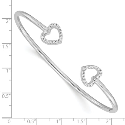 Round White Cubic Zirconia Prong Sterling Silver Two Heart Open Cuff Slip-On Bangle Bracelet