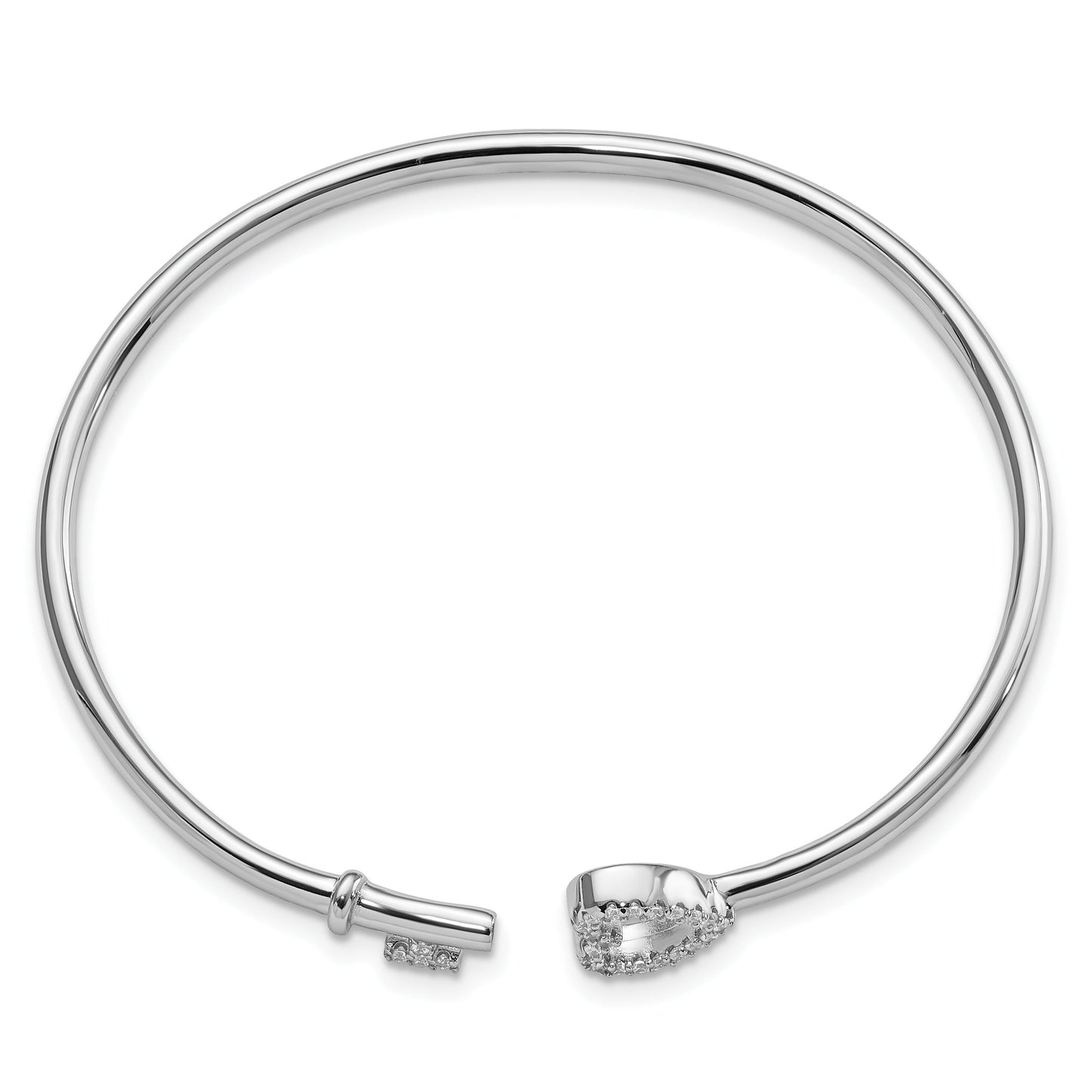 Round White Cubic Zirconia Prong Sterling Silver Heart and Key Flexible Slip-On Bangle Bracelet