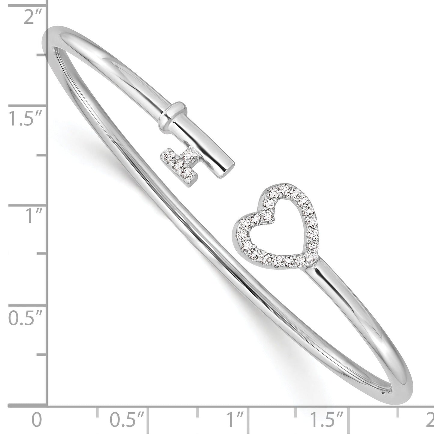 Round White Cubic Zirconia Prong Sterling Silver Heart and Key Flexible Slip-On Bangle Bracelet