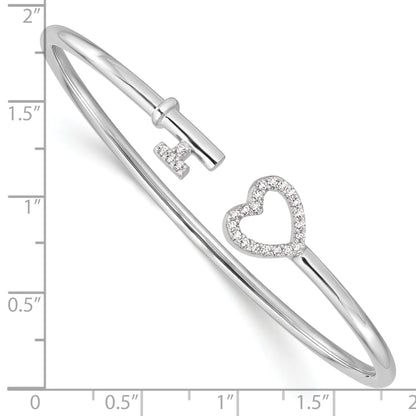 Round White Cubic Zirconia Prong Sterling Silver Heart and Key Flexible Slip-On Bangle Bracelet
