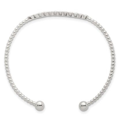 Silver Beaded Bezel Set CZ Bar Cuff Bangle Bracelet