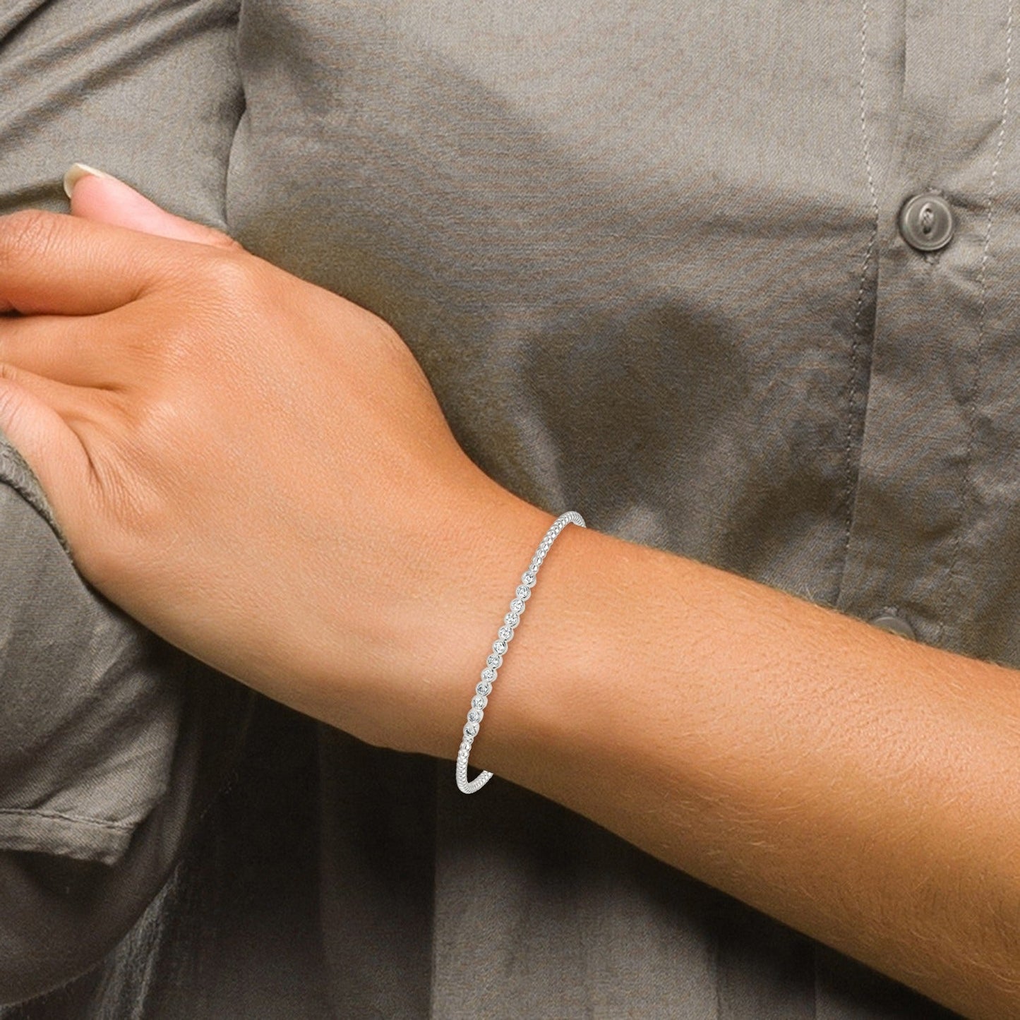 Silver Beaded Bezel Set CZ Bar Cuff Bangle Bracelet
