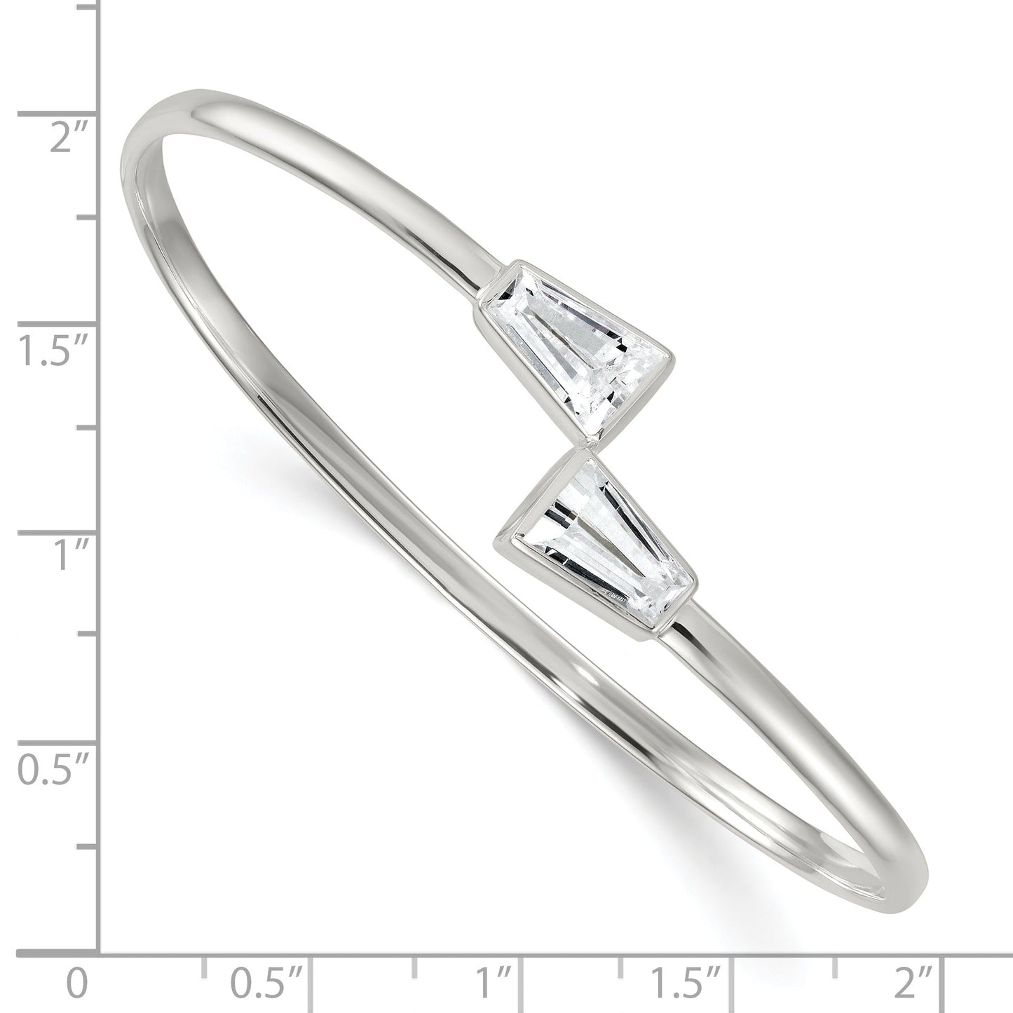 Tapered Baguette White Cubic Zirconia Bezel Sterling Silver Open Bypass Slip-On Bangle Bracelet