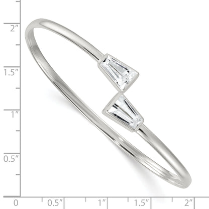 Tapered Baguette White Cubic Zirconia Bezel Sterling Silver Open Bypass Slip-On Bangle Bracelet