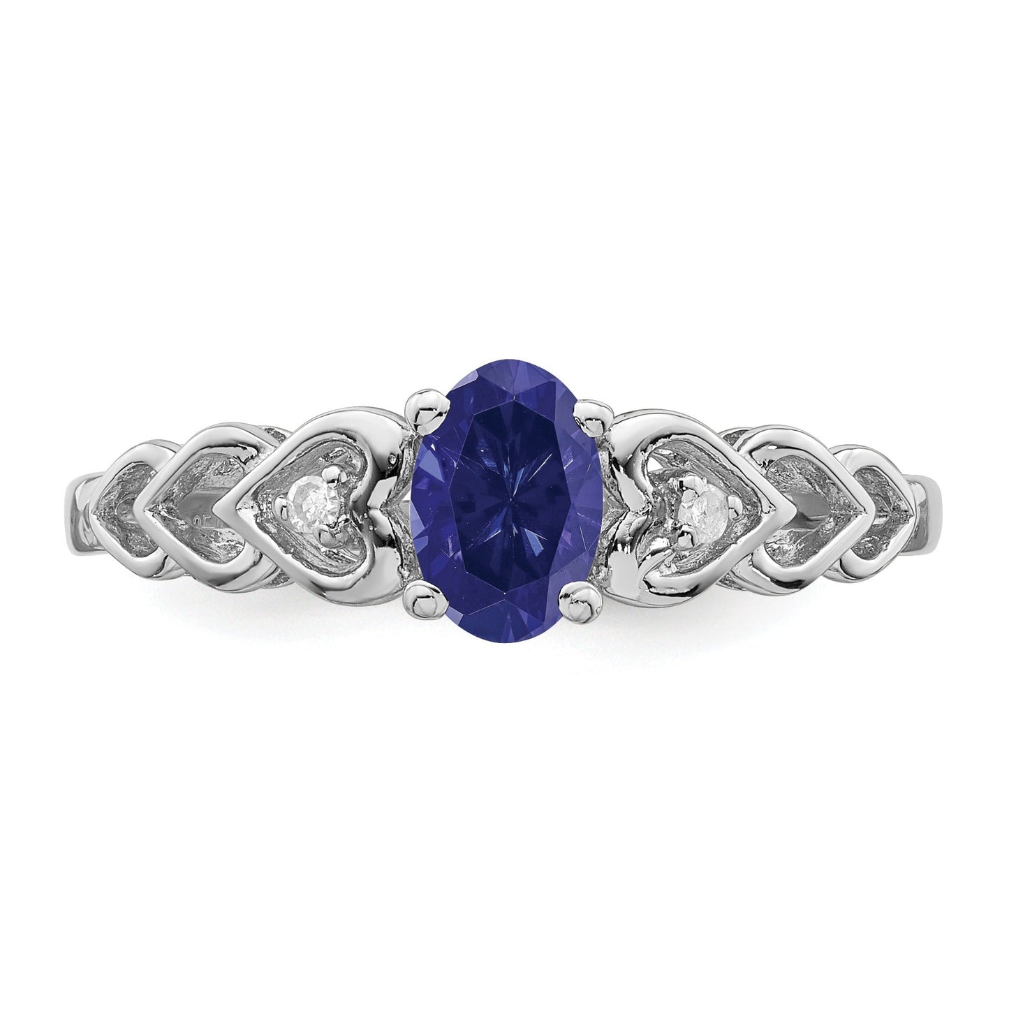 0.60 Ct Oval Blue Created Sapphire & Diamond Prong Rhodium-Plated Silver Heart Band Ring