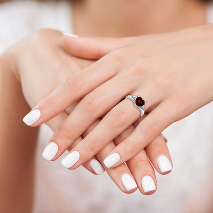 Silver Red Garnet Heart Gemstone Solitaire Ring