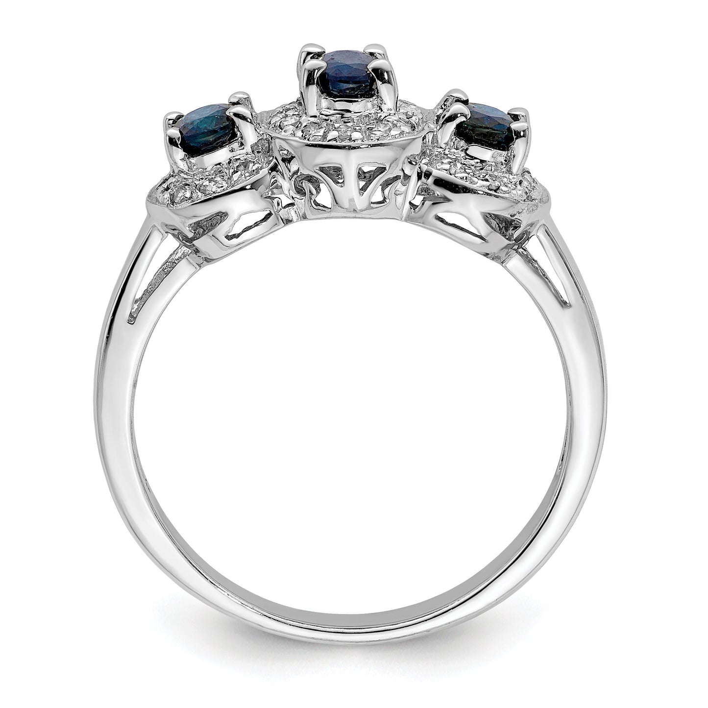 Blue Oval Sapphire and Diamond Prong Sterling Silver Three Stone Halo Ring
