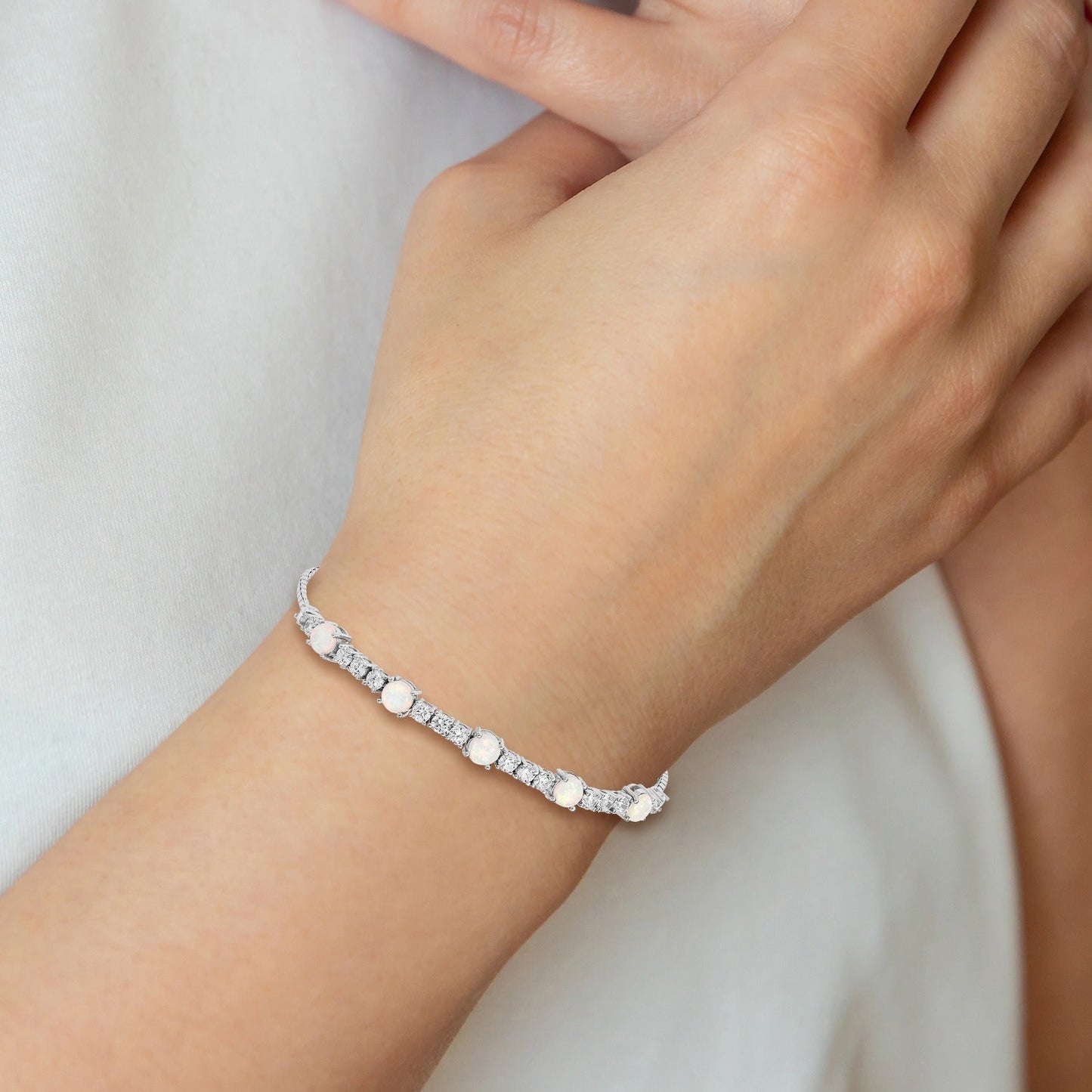 Round White Created Opal & CZ Prong Sterling Silver Adjustable Bolo Bracelet