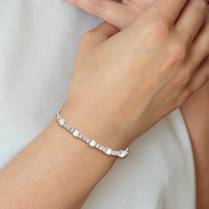 Round White Created Opal & CZ Prong Sterling Silver Adjustable Bolo Bracelet