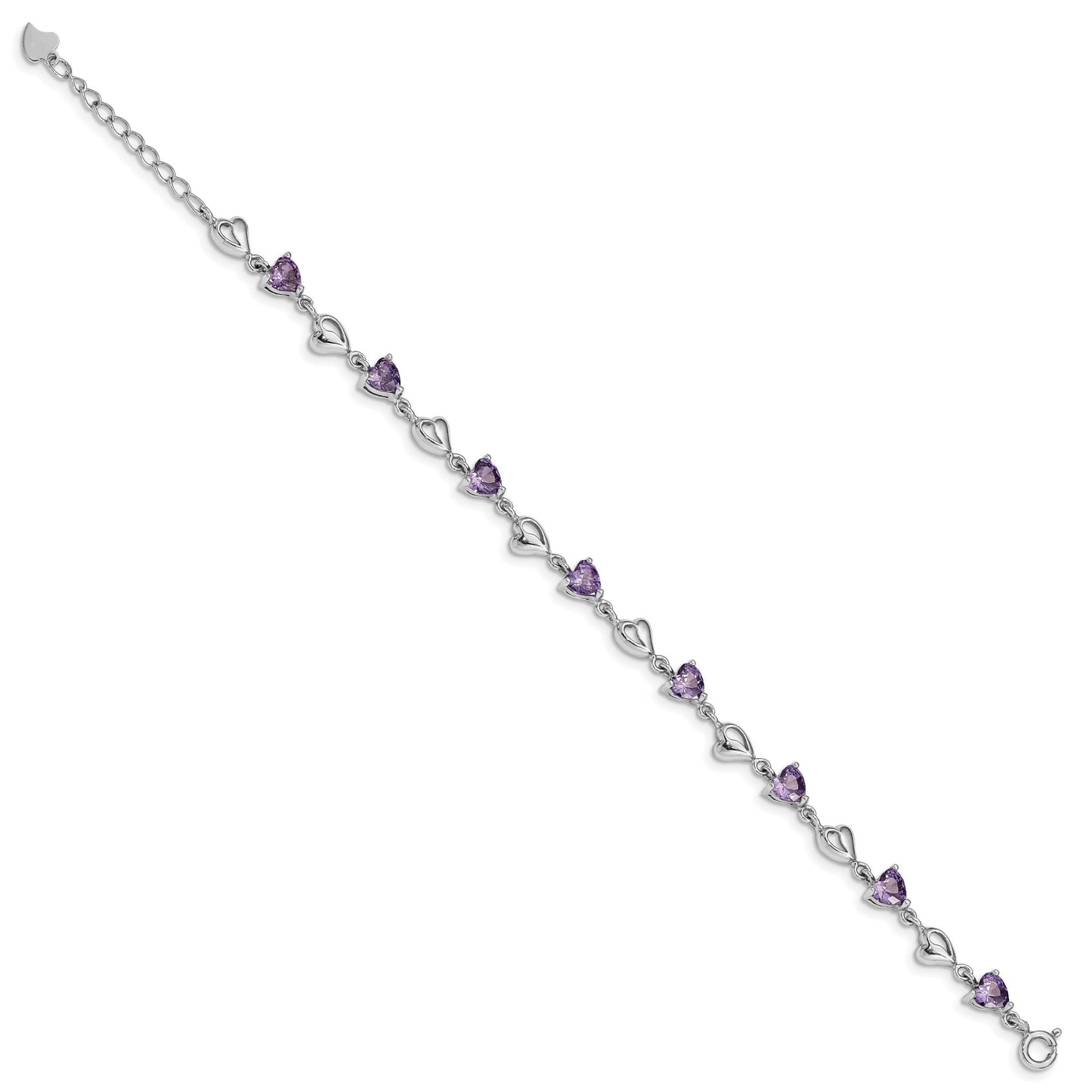Heart Purple Amethyst Prong Sterling Silver Heart Link Bracelet