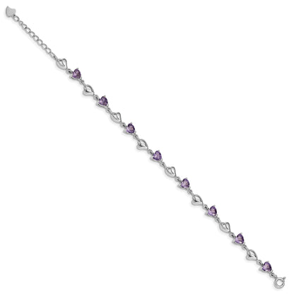 Heart Purple Amethyst Prong Sterling Silver Heart Link Bracelet