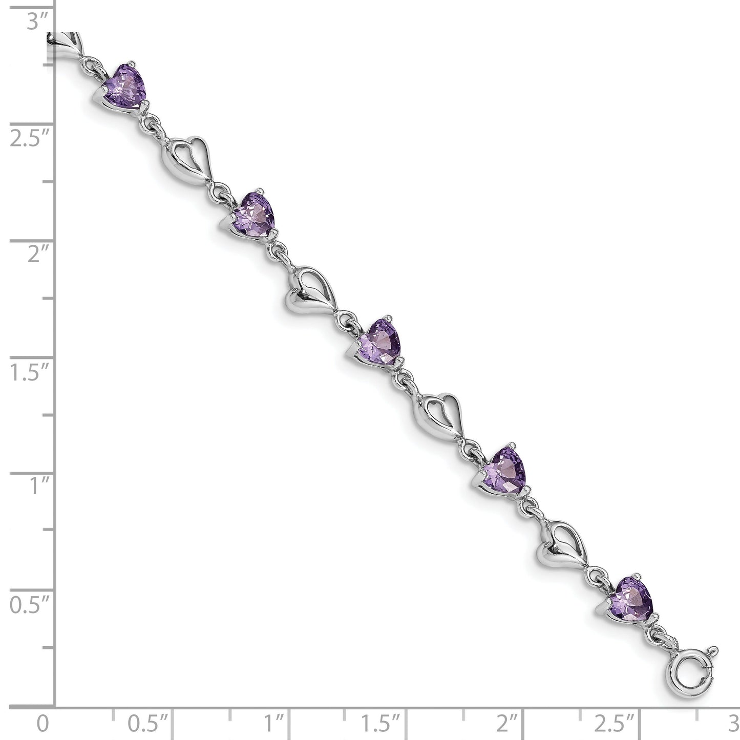 Heart Purple Amethyst Prong Sterling Silver Heart Link Bracelet