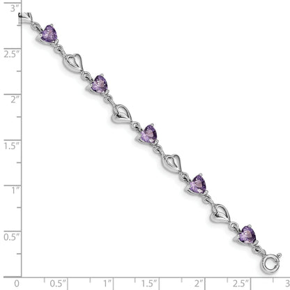 Heart Purple Amethyst Prong Sterling Silver Heart Link Bracelet