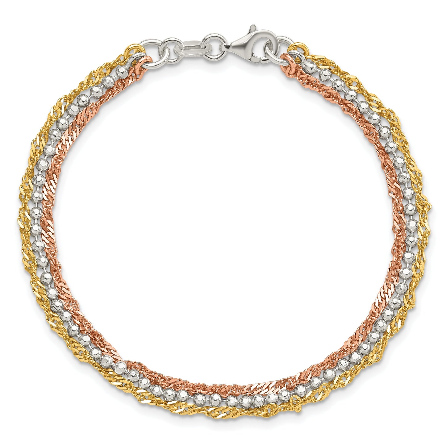 Tri-Tone Gold Plated Silver 3-Strand Diamond-Cut Bead & Twisted Fancy Link Lobster Clasp Chain Bracelet