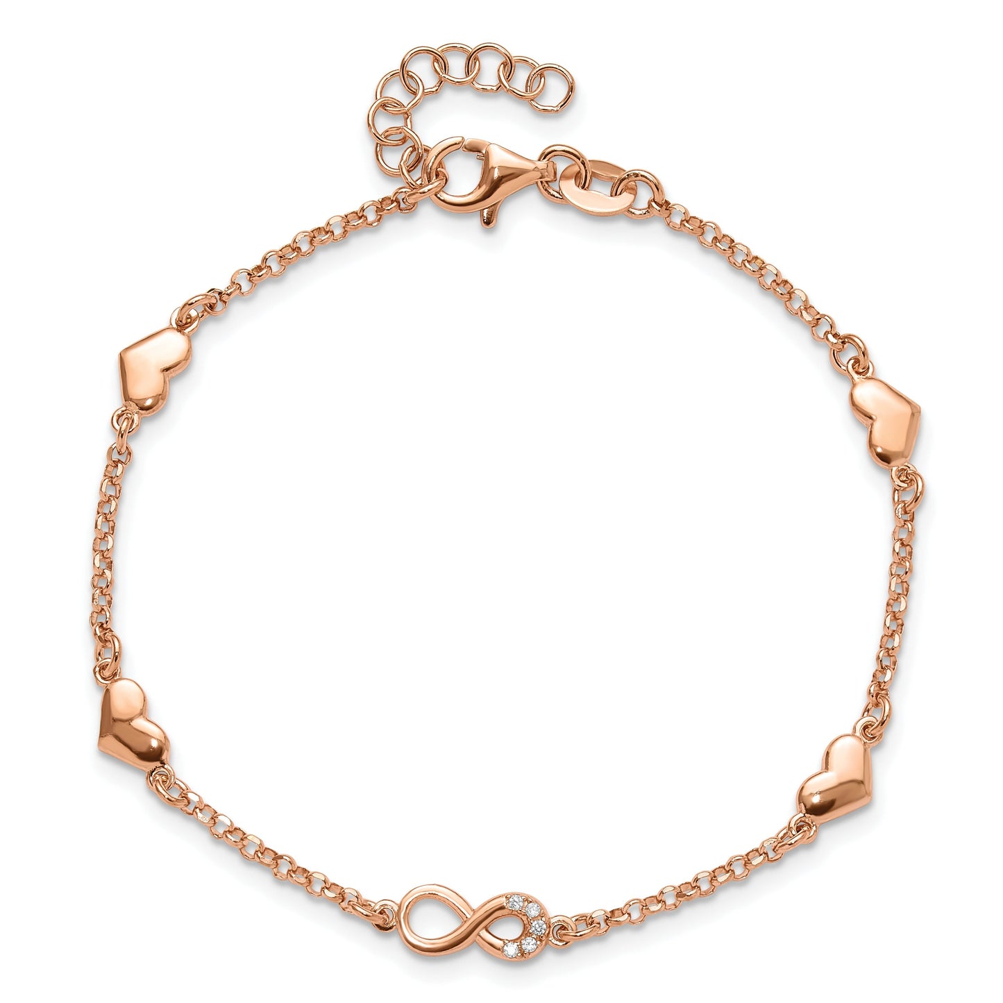 Round White Cubic Zirconia Prong Rose Gold Plated Silver Infinity & Heart Station Link Bracelet