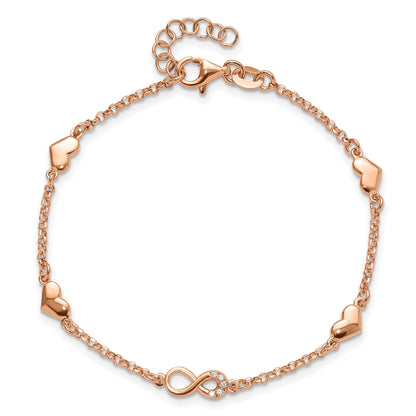 Round White Cubic Zirconia Prong Rose Gold Plated Silver Infinity & Heart Station Link Bracelet