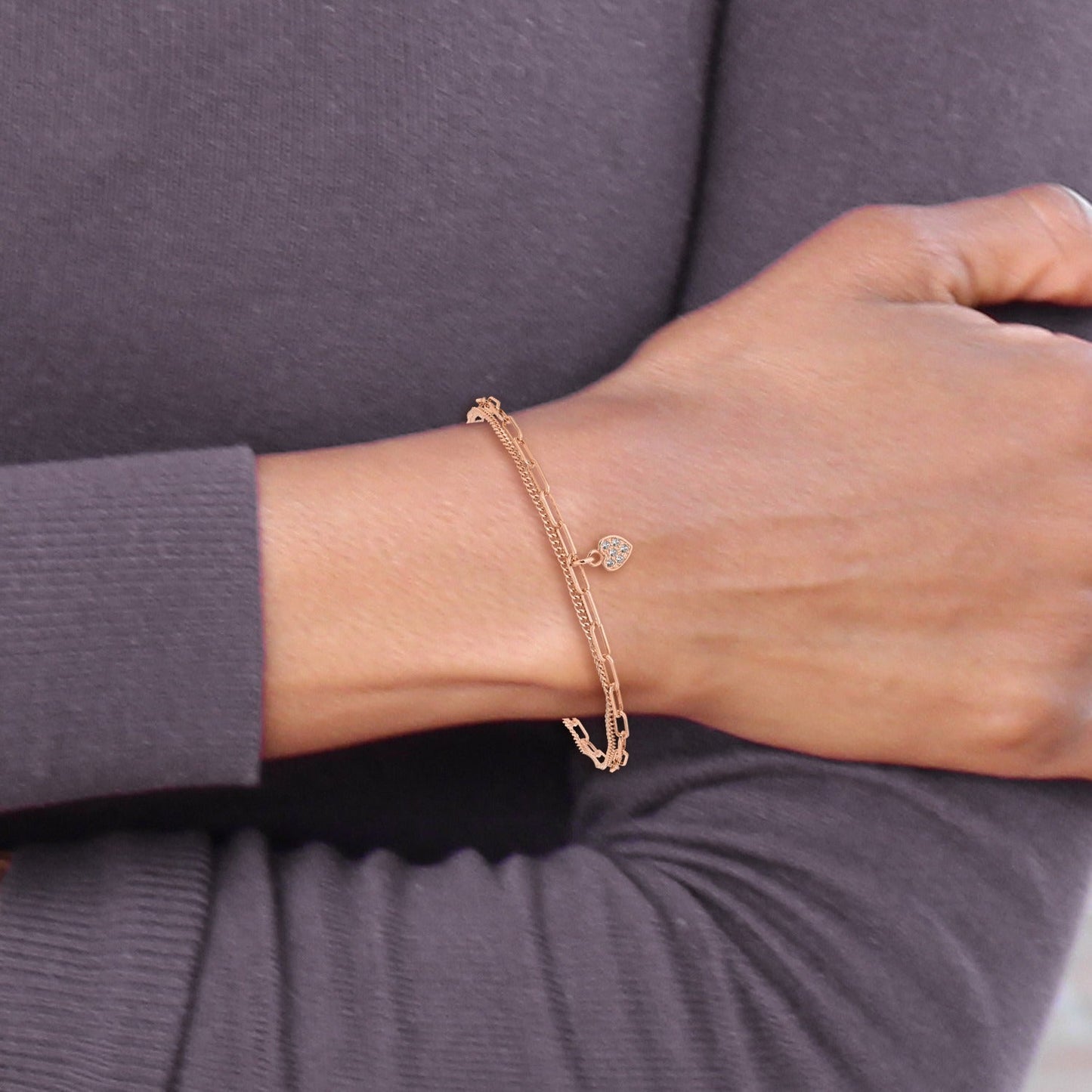 Round White Cubic Zirconia Prong Rose Gold Plated Silver 2-Strand Paperclip & Curb Chain with Pave Heart Charm Link Bracelet