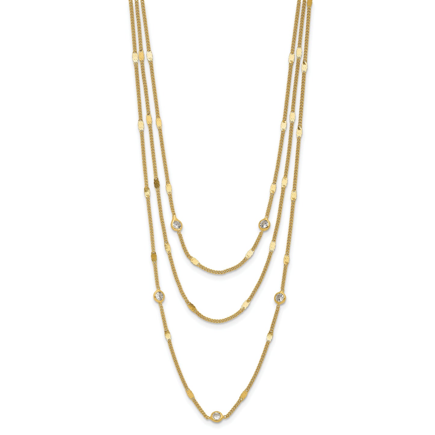 Round White Cubic Zirconia Sterling Silver Gold-Tone Layered Cable Chain Necklace