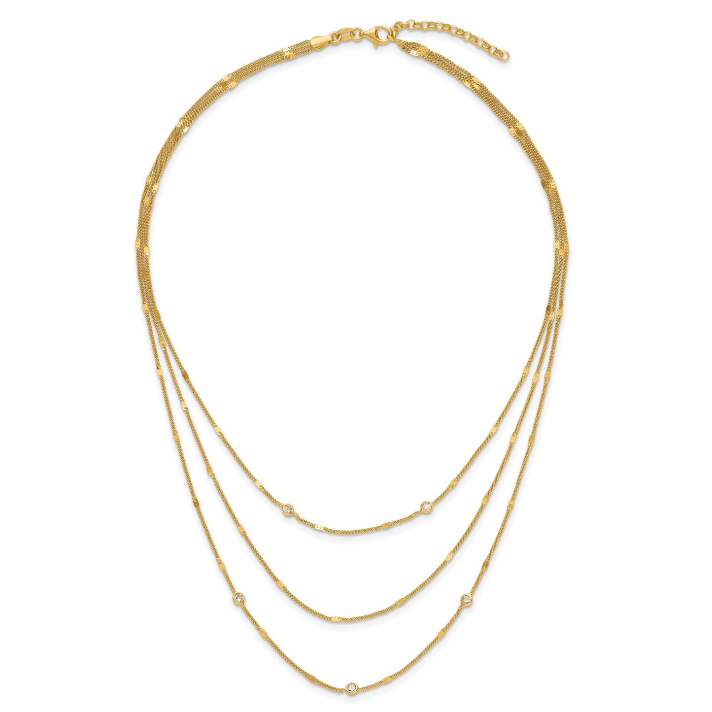 Round White Cubic Zirconia Sterling Silver Gold-Tone Layered Cable Chain Necklace
