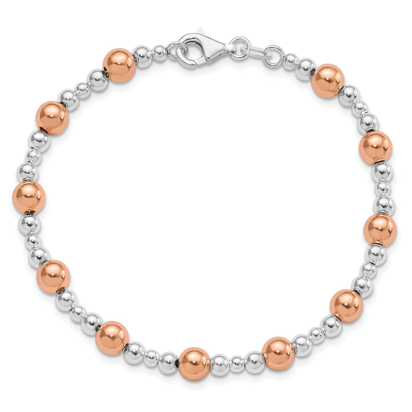 Two-Tone Rhodium and Rose Gold Plated Silver Alternating Multi-Size Polished Ball Station Lobster Clasp Beaded Bracelet
