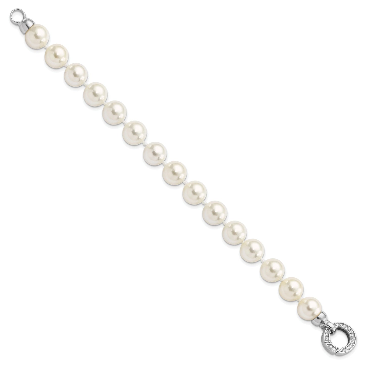 Round White Shell Pearl Rhodium-Plated Clasp Sterling Silver Hand-Knotted Fancy Bracelet