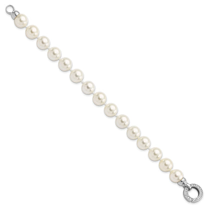 Round White Shell Pearl Rhodium-Plated Clasp Sterling Silver Hand-Knotted Fancy Bracelet