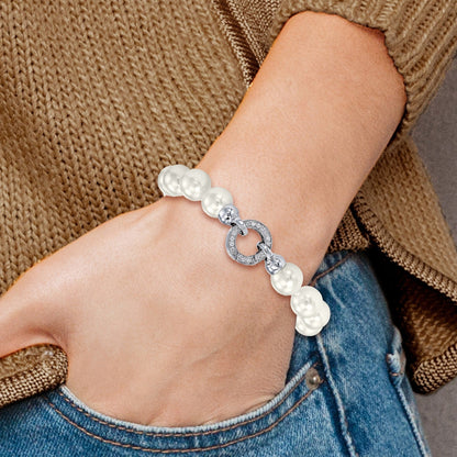 Round White Shell Pearl Rhodium-Plated Clasp Sterling Silver Hand-Knotted Fancy Bracelet