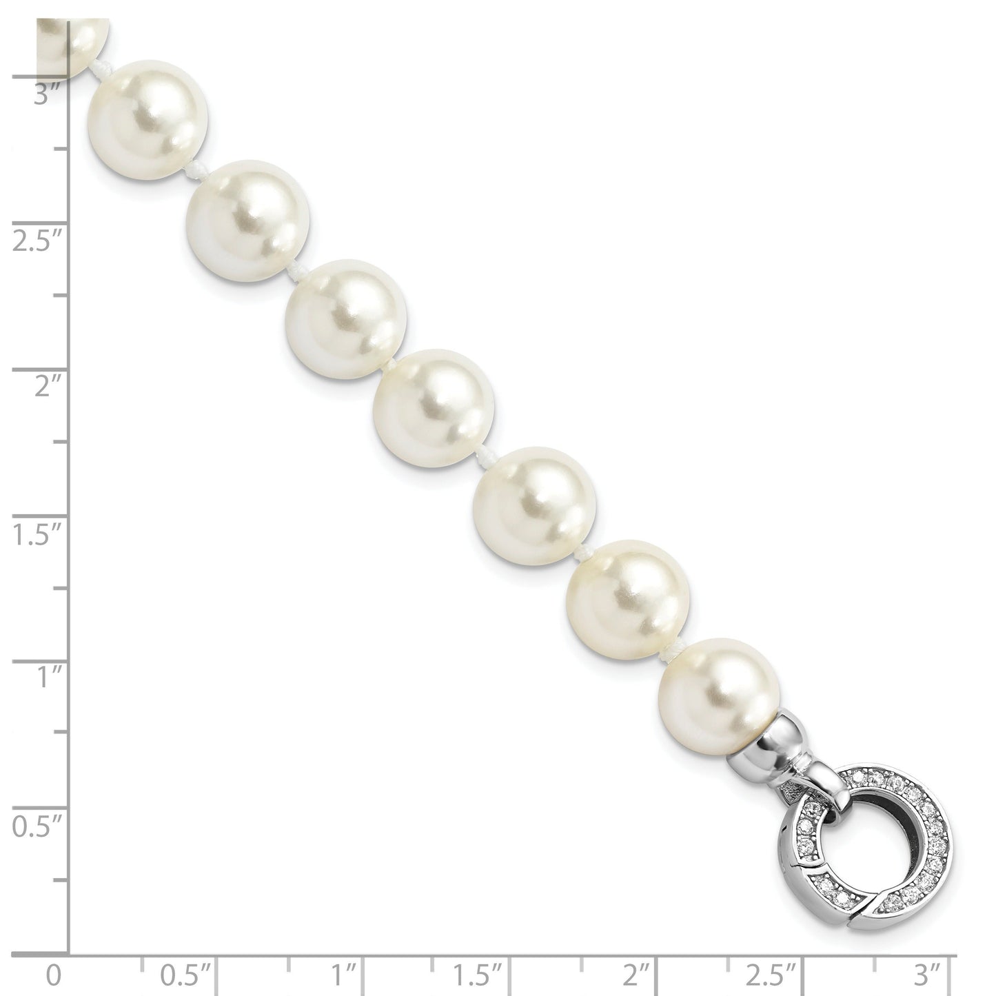 Round White Shell Pearl Rhodium-Plated Clasp Sterling Silver Hand-Knotted Fancy Bracelet